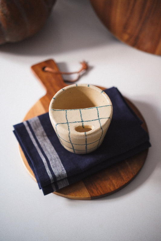 To-go Mug Beige with Peacock Blue Stripes